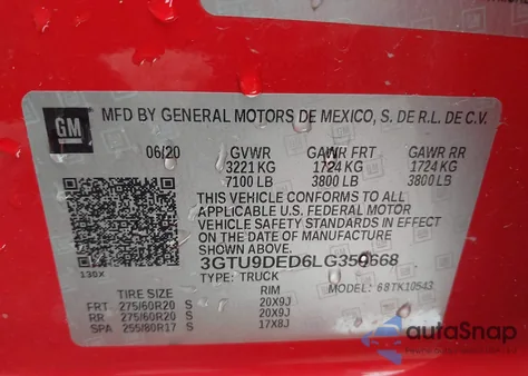 2020 GMC Sierra 1500 4Wd Short Box Slt из США, поврежденный, VIN 3GTU9DED6LG359668